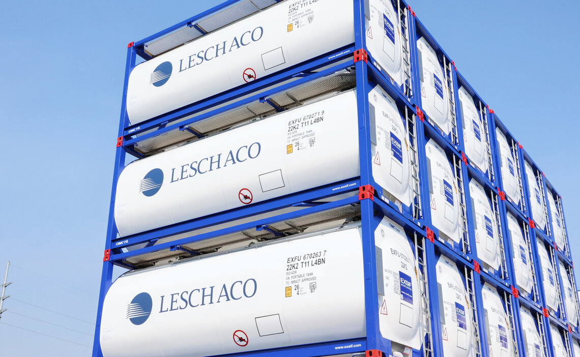 Tank container: Many Leschaco tank containers in a depot.