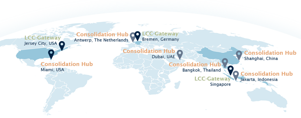 Leschaco Global LCL Network Map Global map of Leschaco’s LCL network showing consolidation hubs in Miami, Antwerp, Dubai, Bangkok, Shanghai, and Jakarta, plus gateway locations in Jersey City, Bremen, and Singapore.