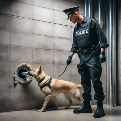 Ein speziell ausgebildeter Hund erschnüffelt Geruchsproben, die über ein Rohrleitungssystem aus einem Lager in einen Trainingsraum geführt werden.