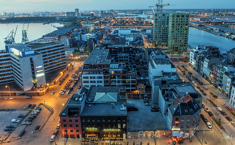 Belgium: Aerial panorama of Antwerp city centre at dusk